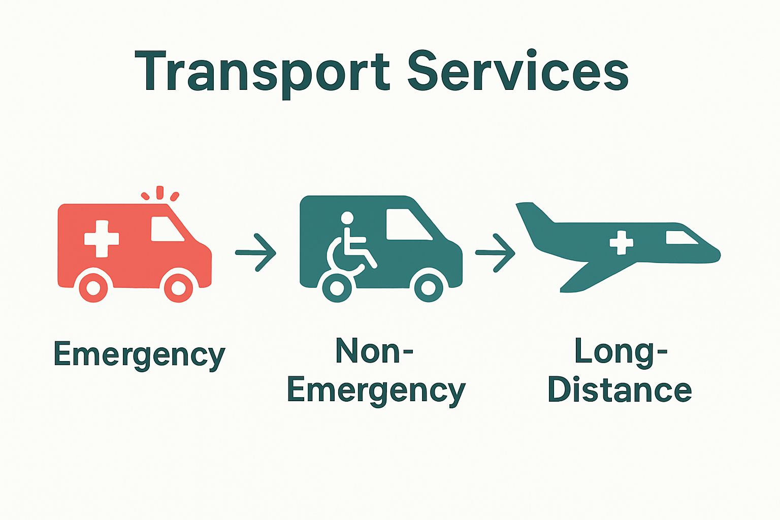 Infographic shows emergency, non-emergency, and long-distance medical transport types.