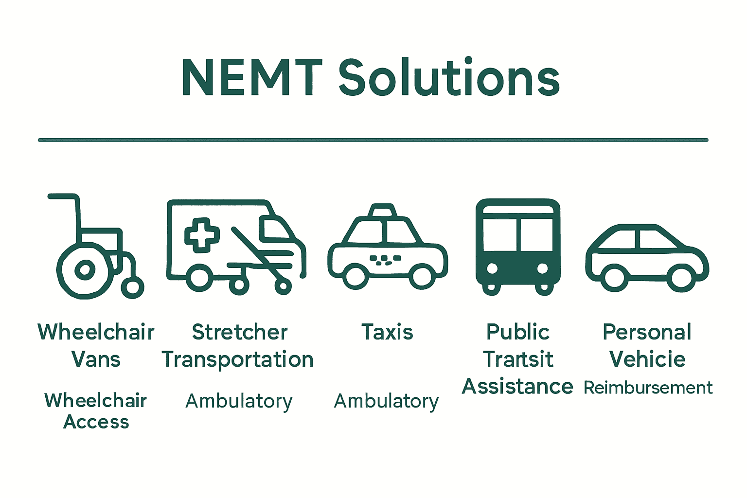 Infographic comparing five key types of non-emergency medical transportation with icons and simple labels.