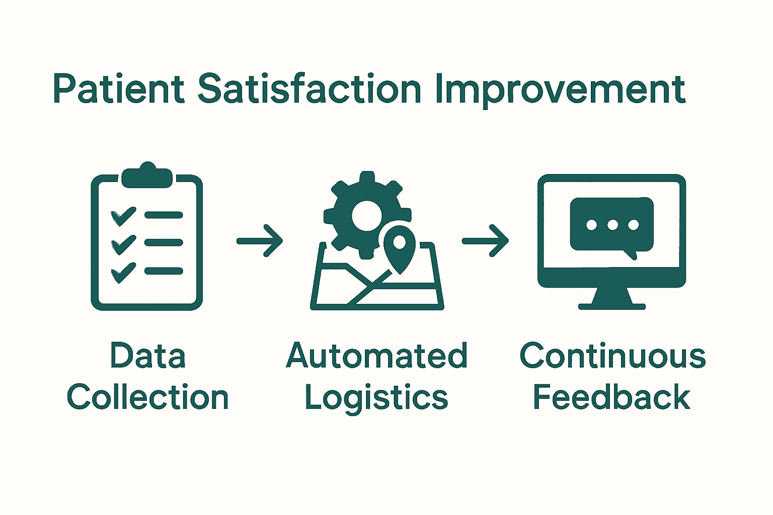 Infographic showing steps to improve patient satisfaction: data collection, automation, feedback.