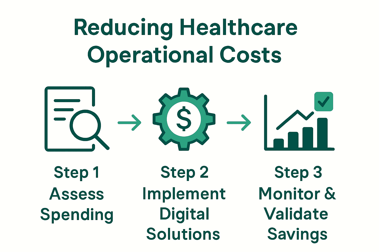 Infographic showing three-step healthcare cost reduction: assess, digitize, and monitor.