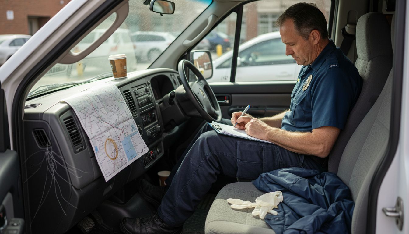 Paramedic completing billing paperwork in ambulance