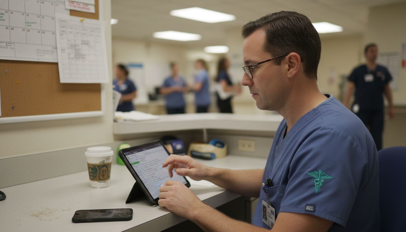 Nurse using tablet to manage patient logistics