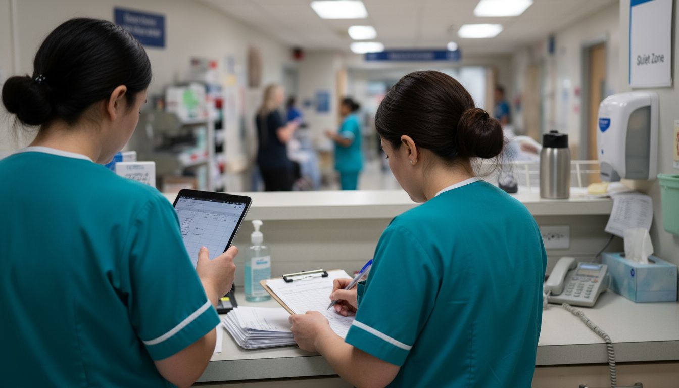 Nurses using scheduling software at workstation