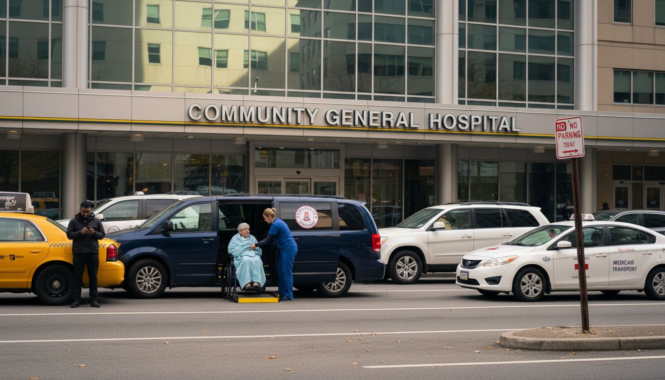 Lineup of different NEMT vehicles at hospital curb