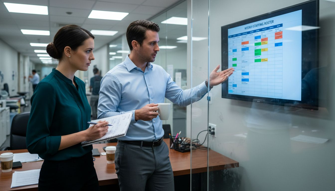 Healthcare administrators reviewing scheduling monitor