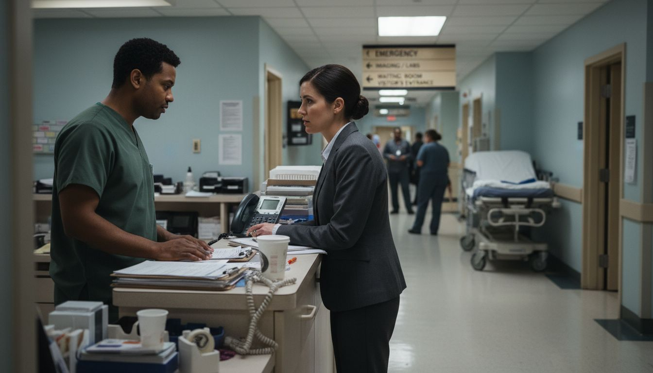 Hospital staff coordinating in hallway near nurse station