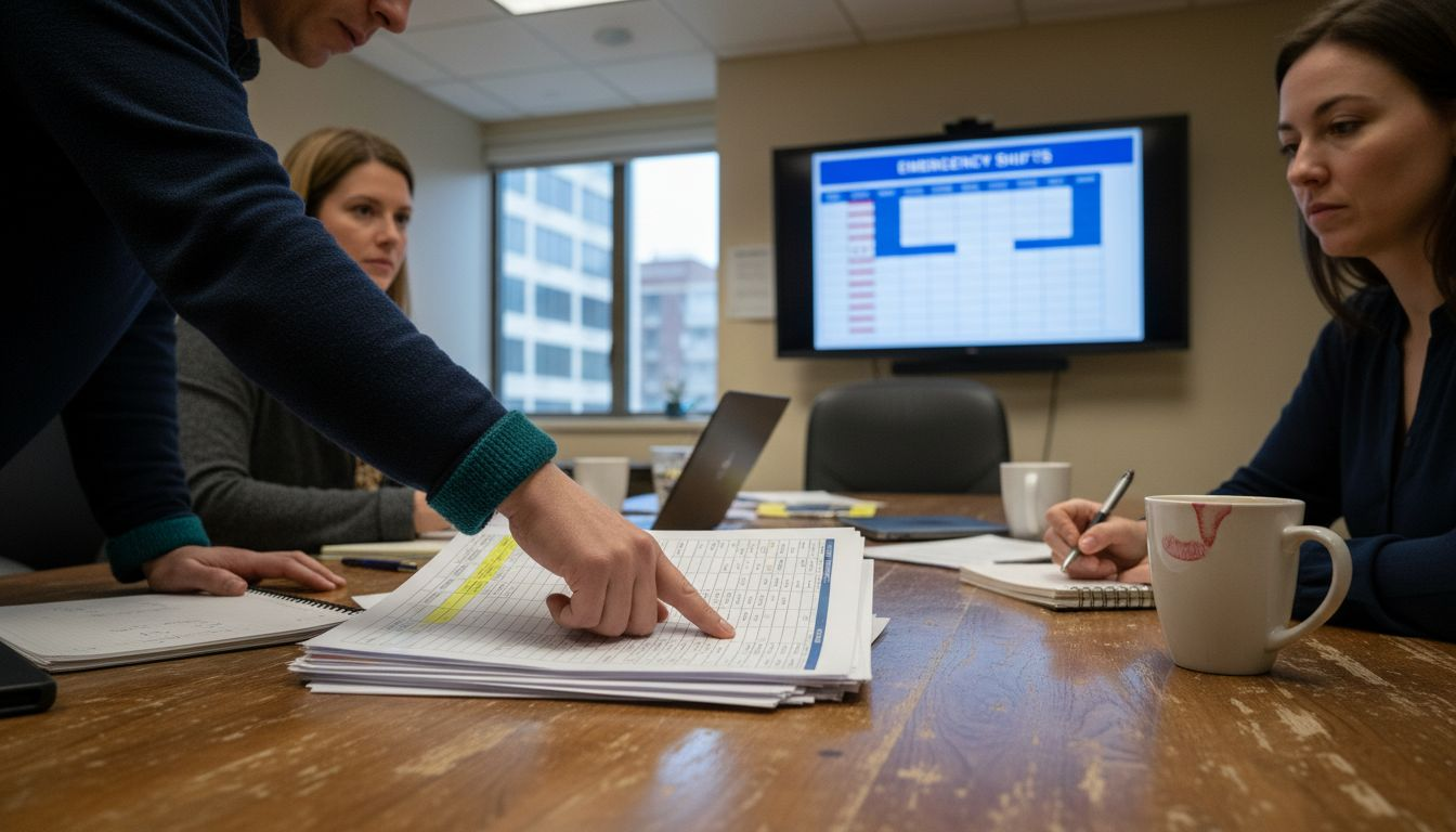 Healthcare administrators reviewing staffing charts together