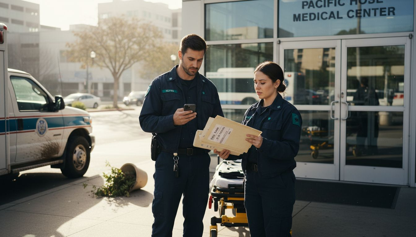 EMS staff perform patient handoff outside clinic