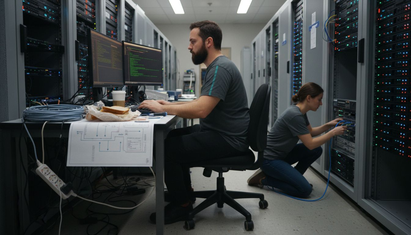 IT staff working in hospital server room
