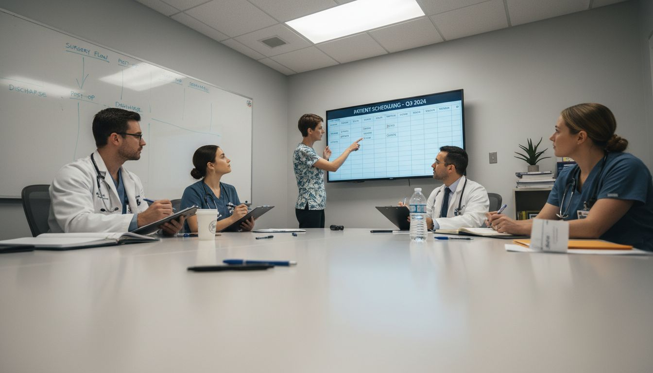 Team reviewing scheduling dashboard in hospital