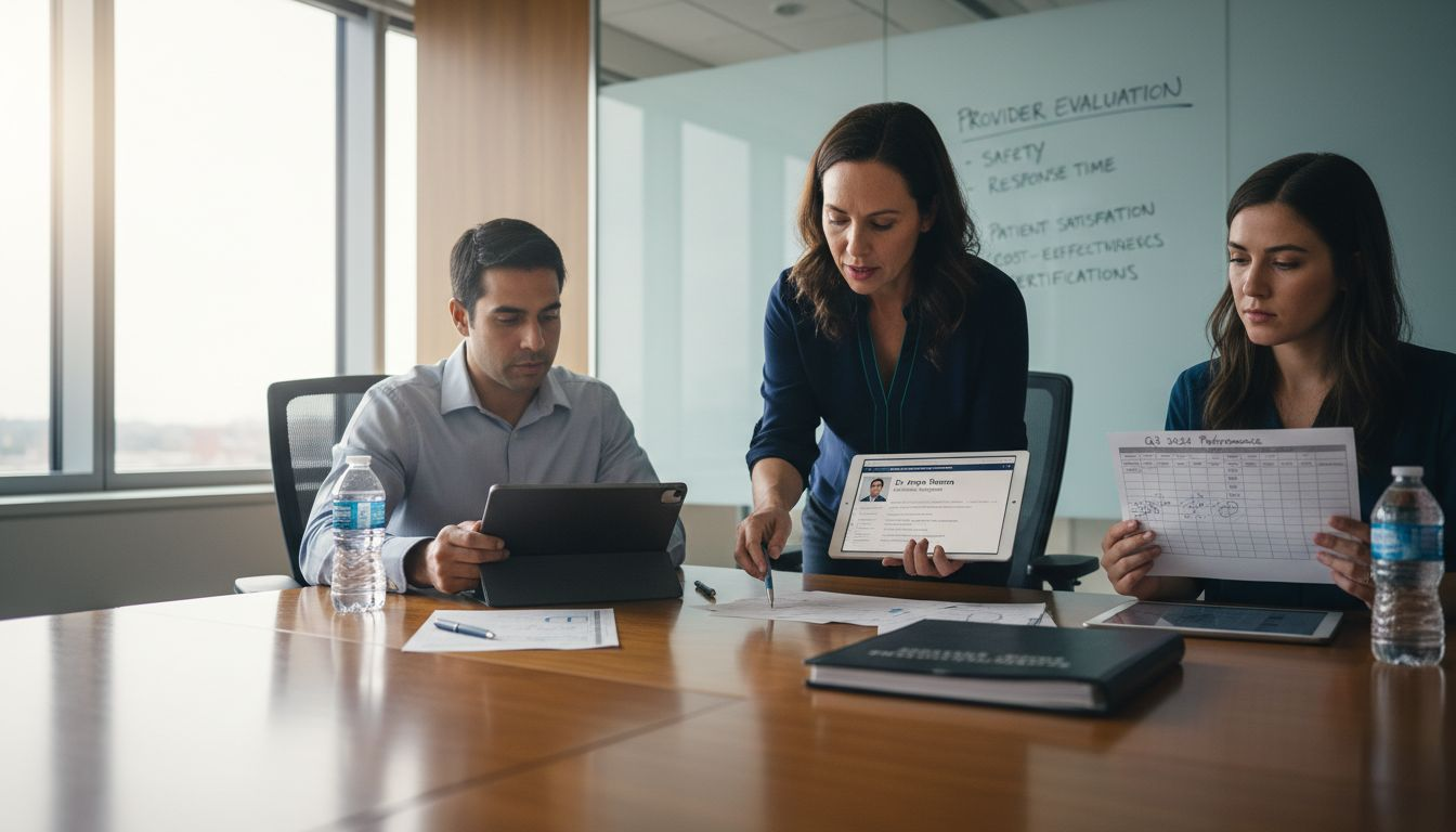 Team evaluating NEMT provider criteria in meeting