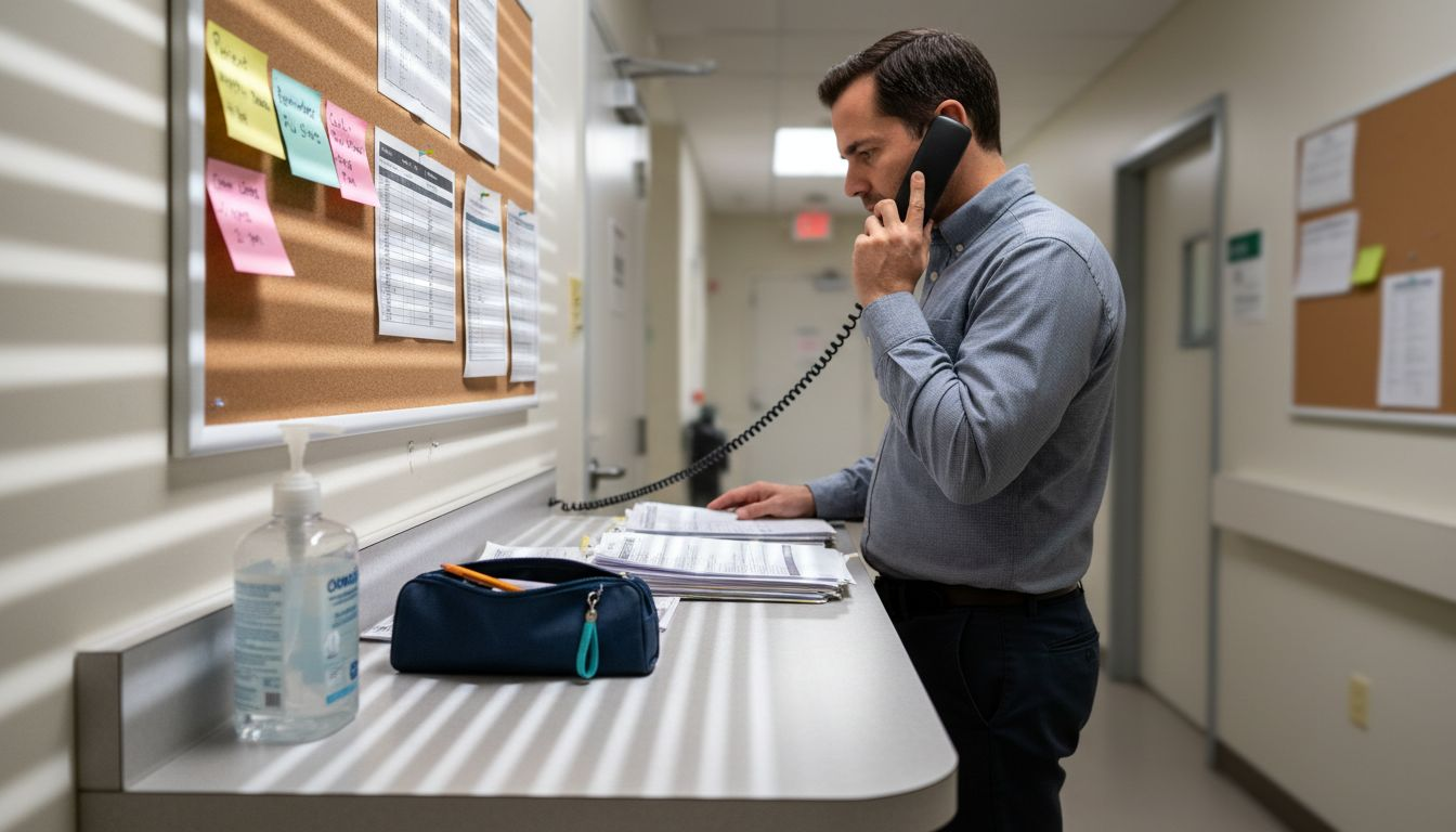Coordinator working in busy clinic hallway