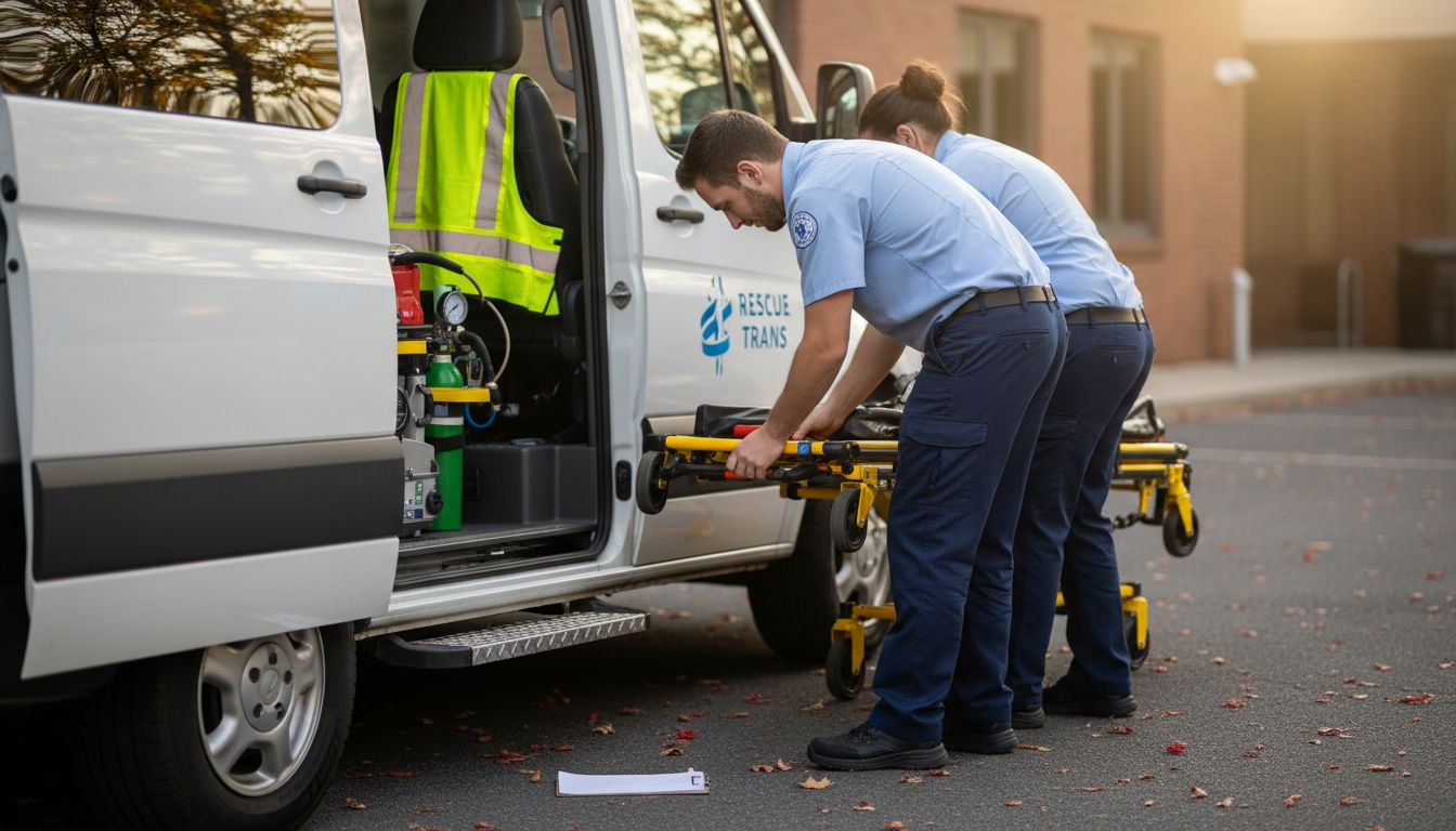 Medical staff preparing stretcher beside transport van