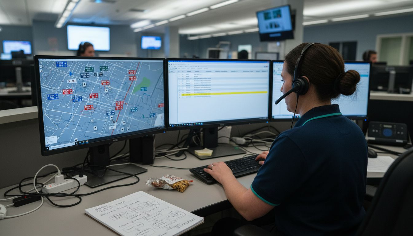 Hospital dispatch coordinator monitors medical transport vehicles