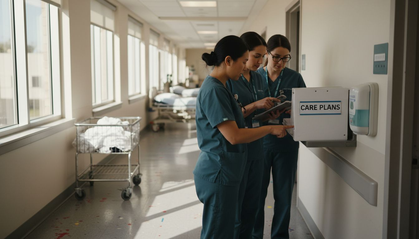 Care team discussing care plans in hallway