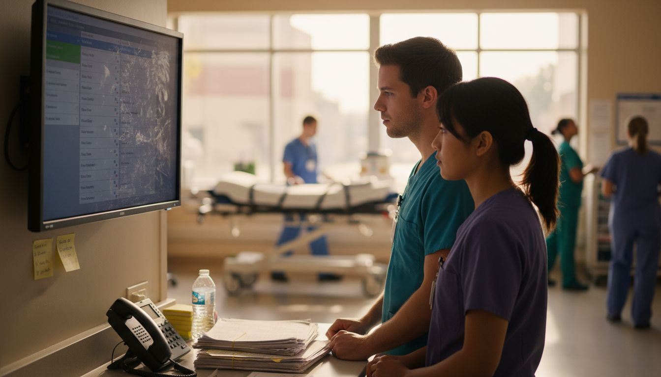 Nurses using touchscreen and phone in hospital station