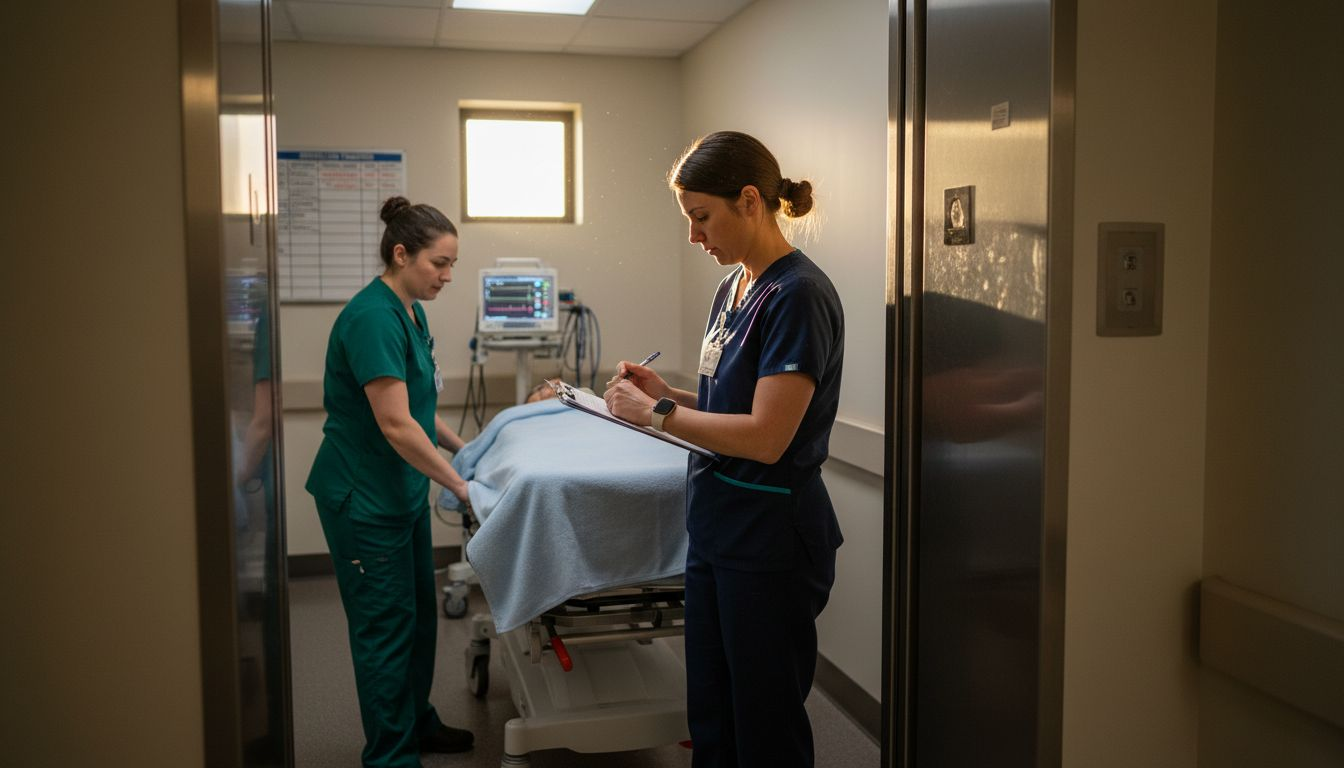 Nurses coordinating patient gurney transfer in hospital