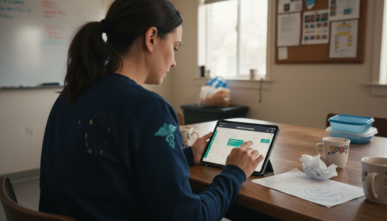 Nurse using scheduling app in real work setting