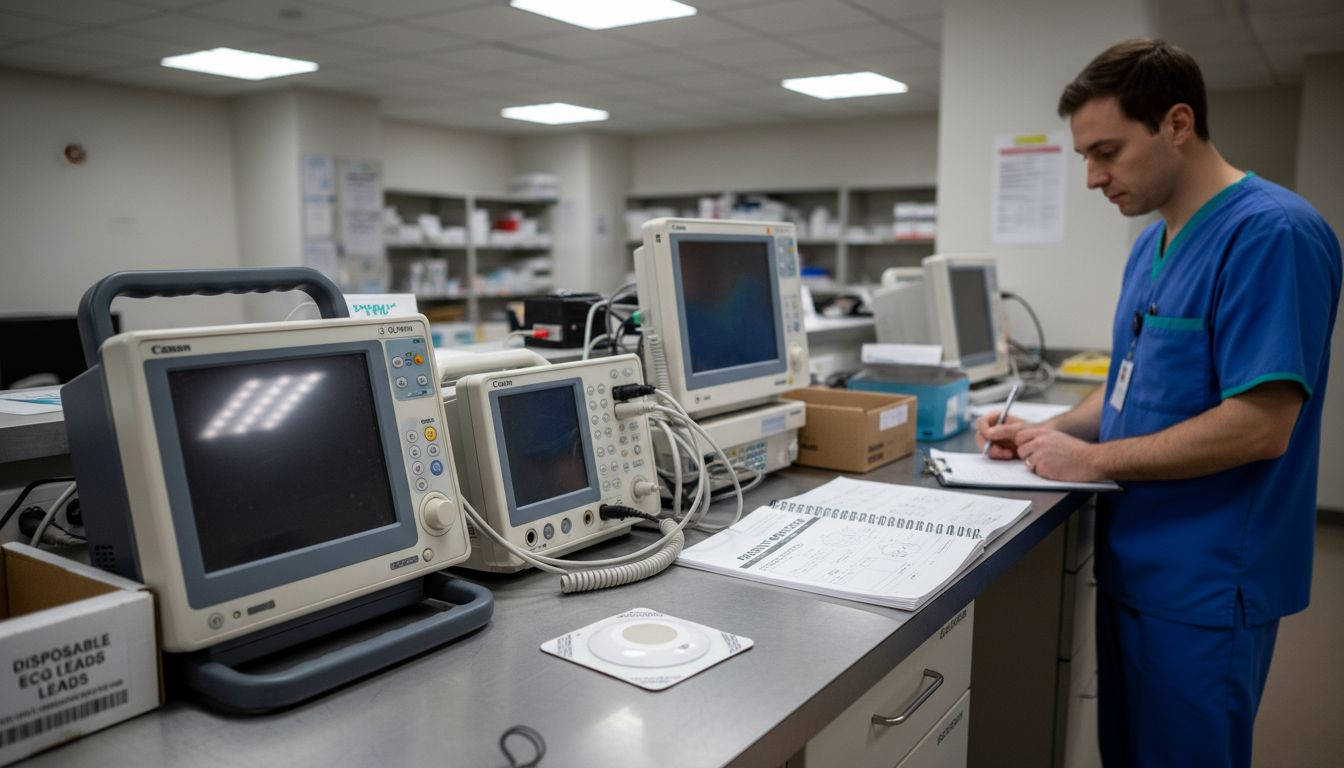 Various hospital patient monitors on equipment room counter