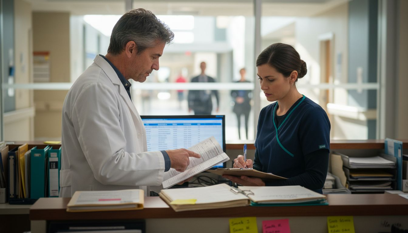 Doctor and nurse discussing patient chart at desk