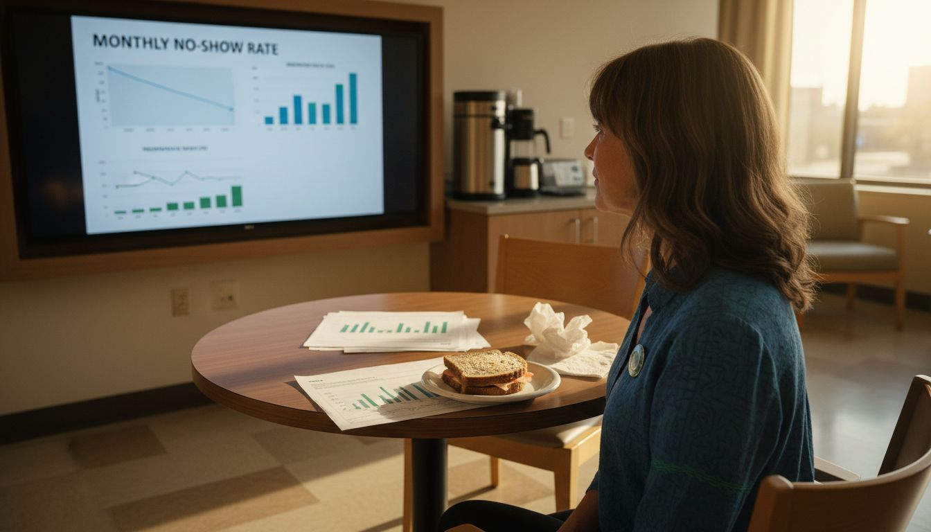 Manager viewing performance dashboard with patient metrics