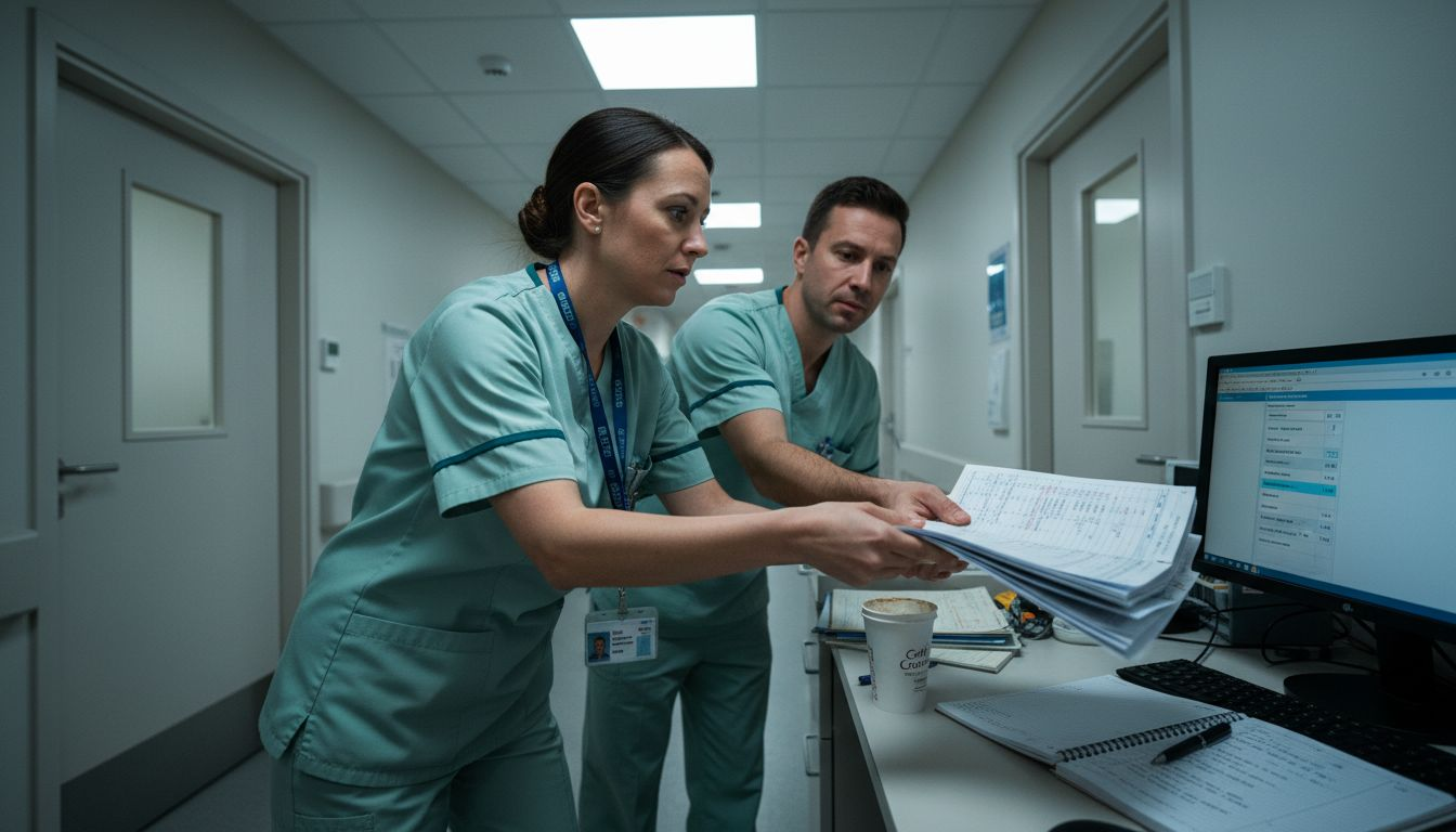 Rushed nurse handoff in busy hospital hallway