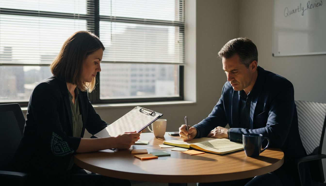 Healthcare manager and lawyer reviewing checklist