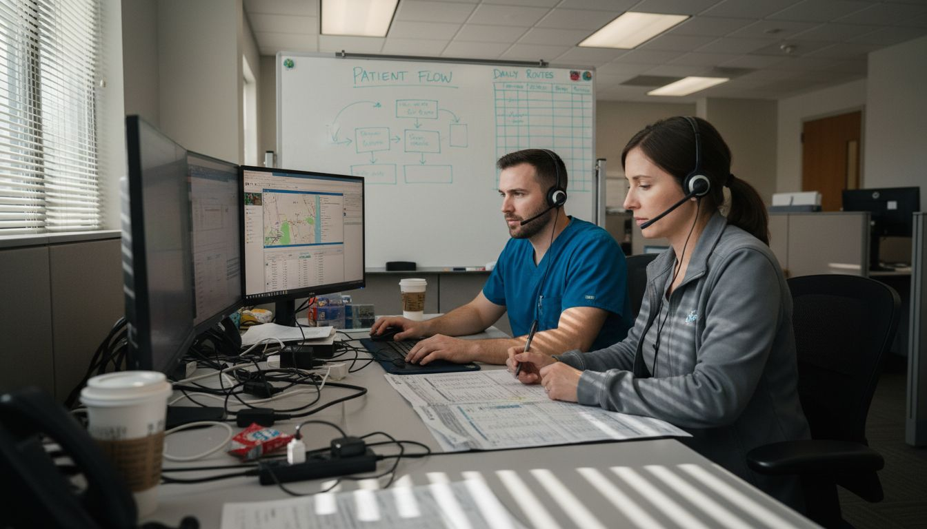 Staff coordinate scheduling at dispatch station