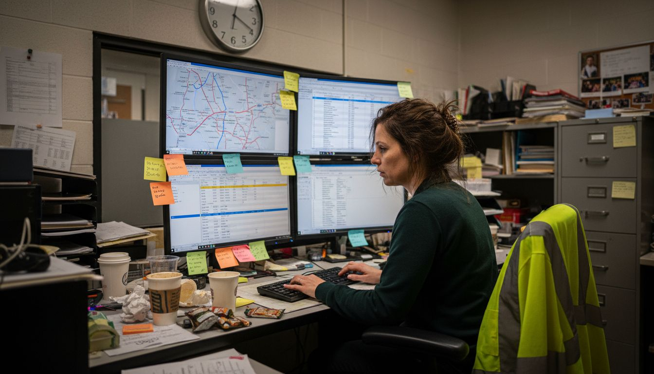 Dispatcher monitoring NEMT trips at busy desk