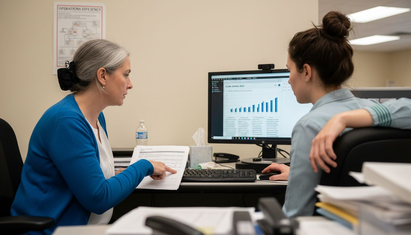 Hospital billing team reviewing claim reports together