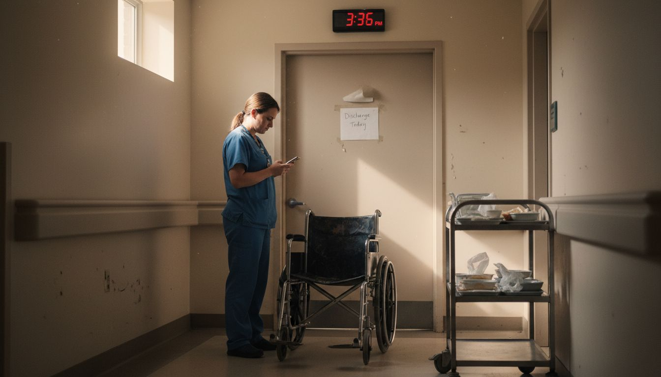 Patient transporter waiting in hospital hallway