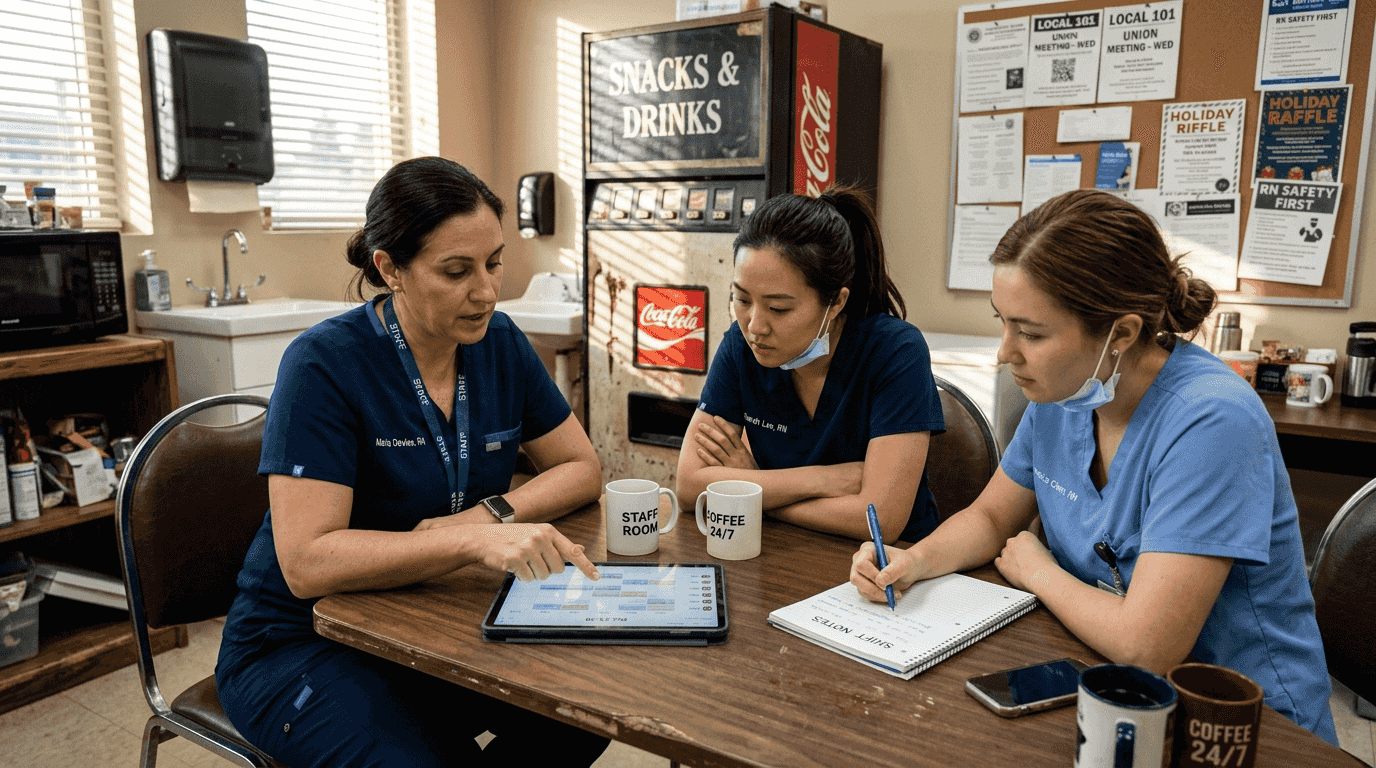 Nurses learning scheduling app in break room