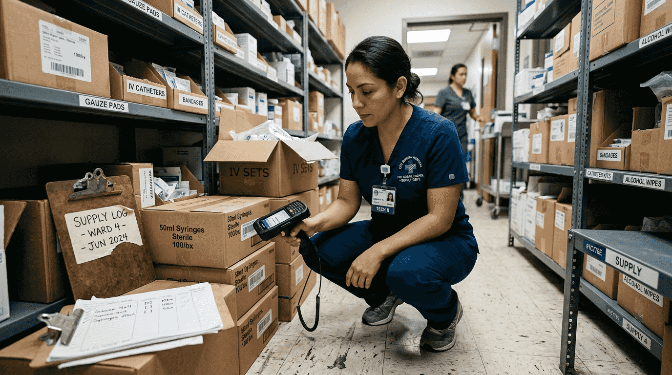 Technician scanning supplies in hospital storage