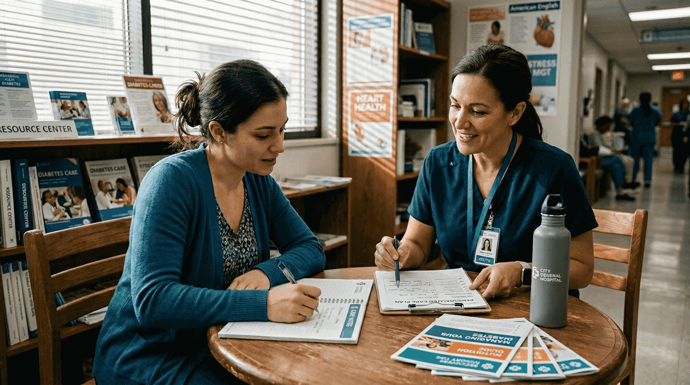 Nurse coaching patient with written care plan