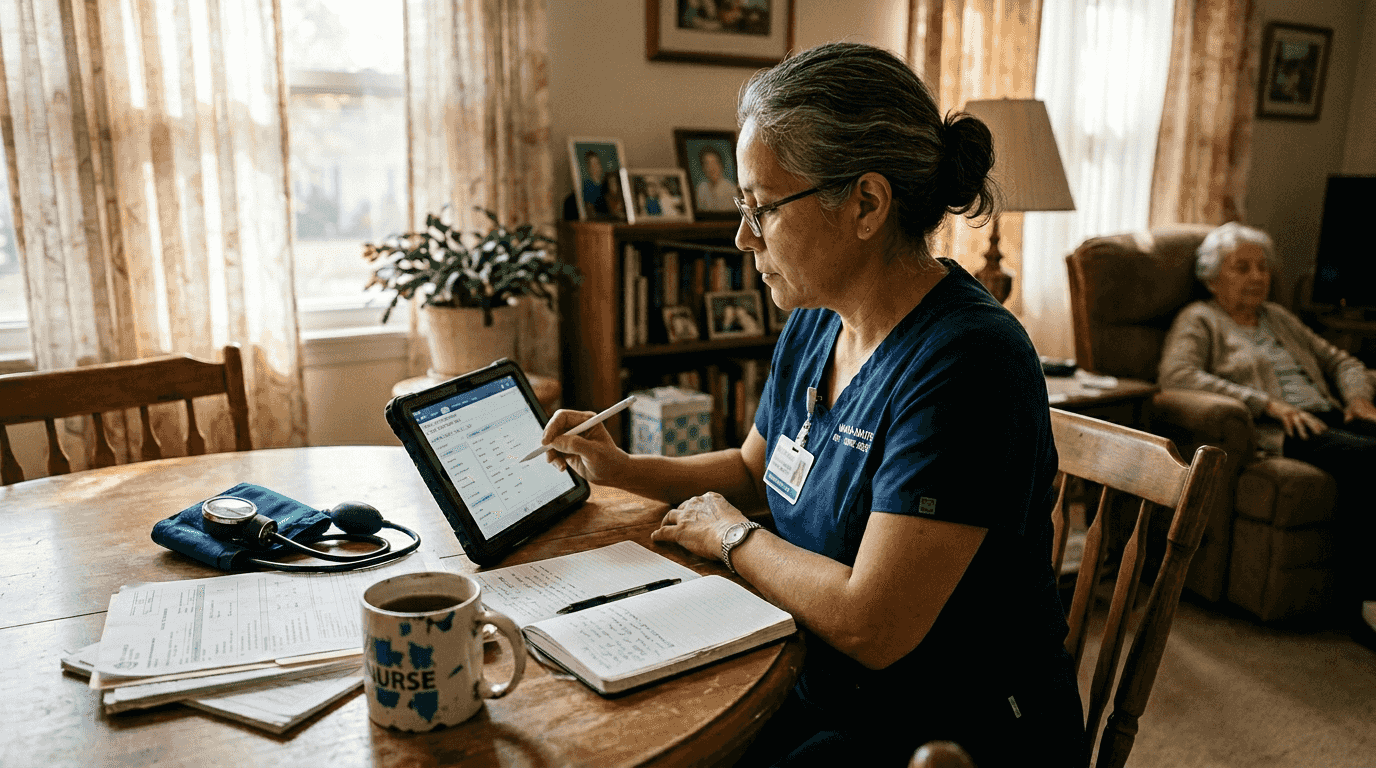 Nurse updating EHR in patient’s home