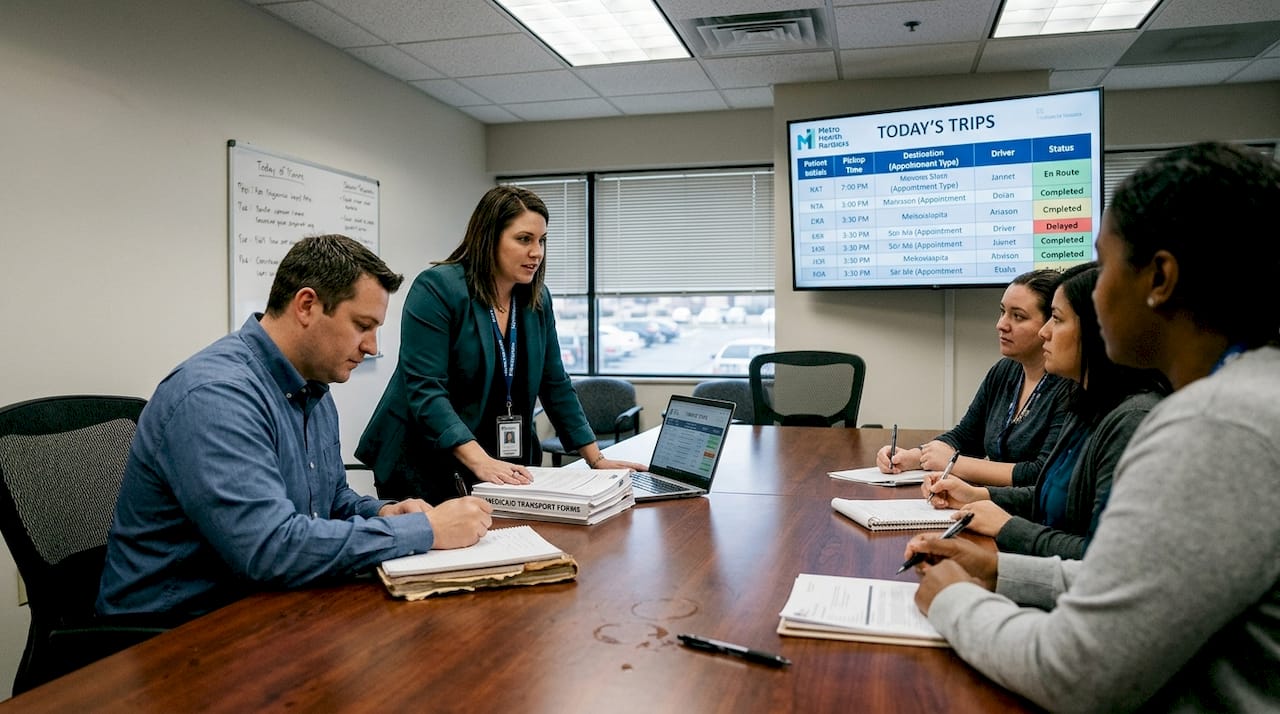 Managed care staff reviewing transport trips
