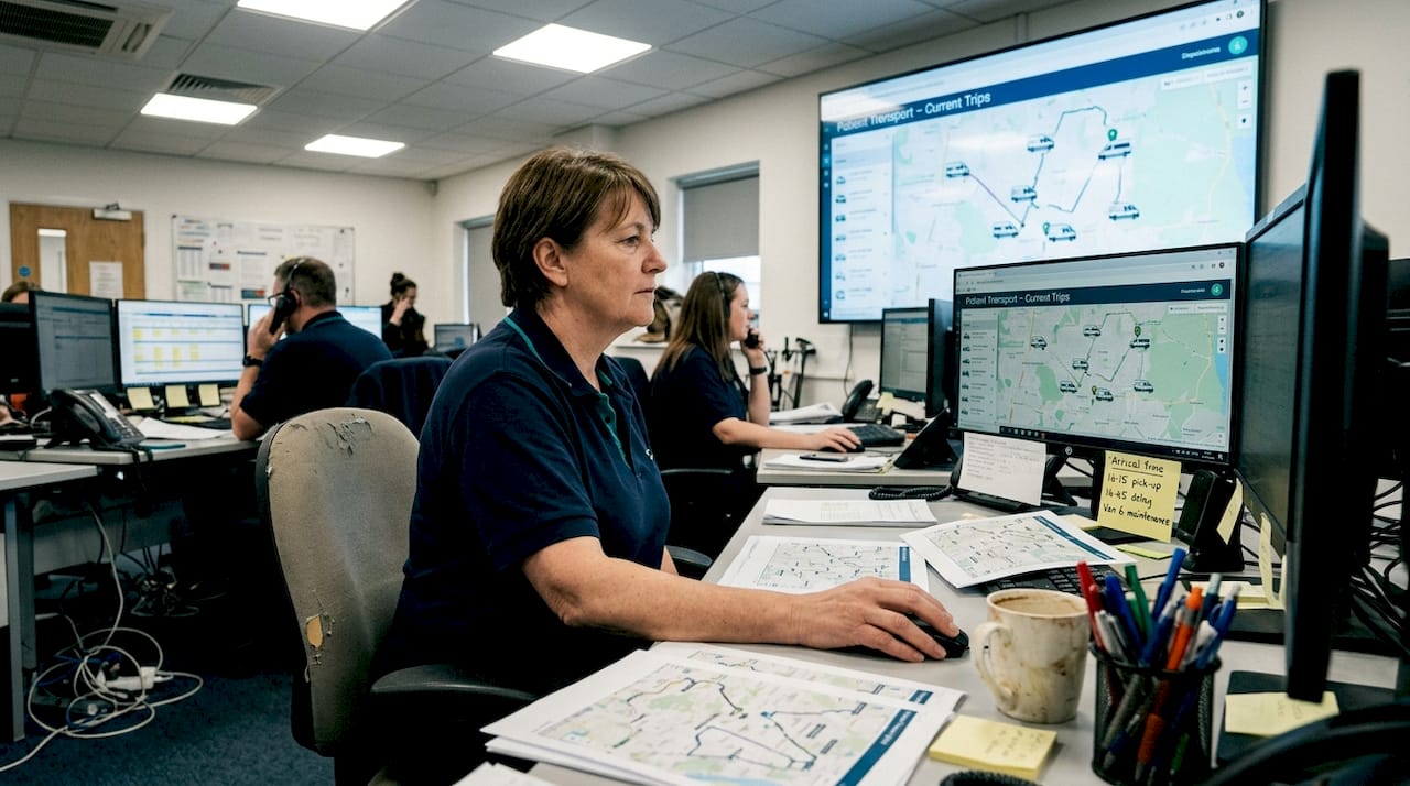 Dispatcher monitoring real-time hospital fleet GPS