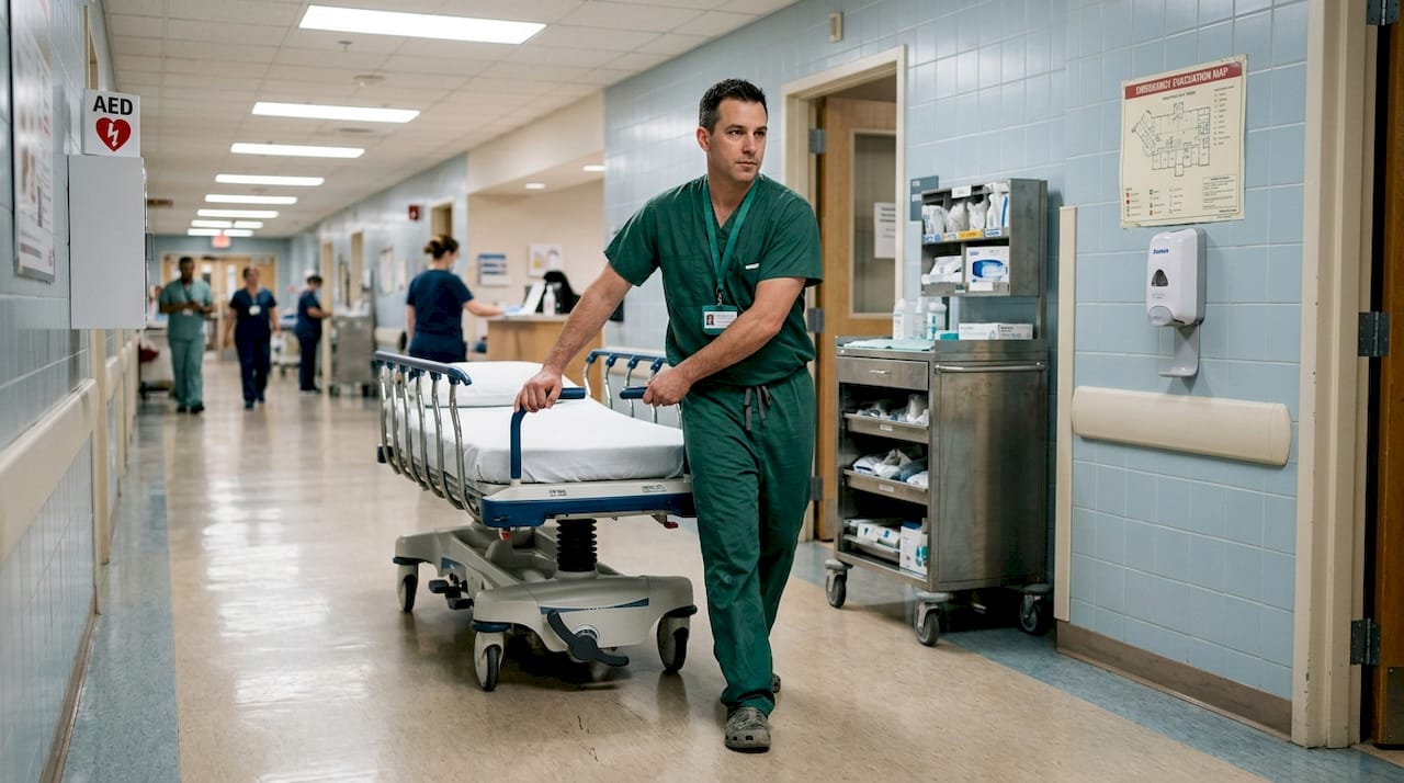 Orderly transporting hospital bed in corridor