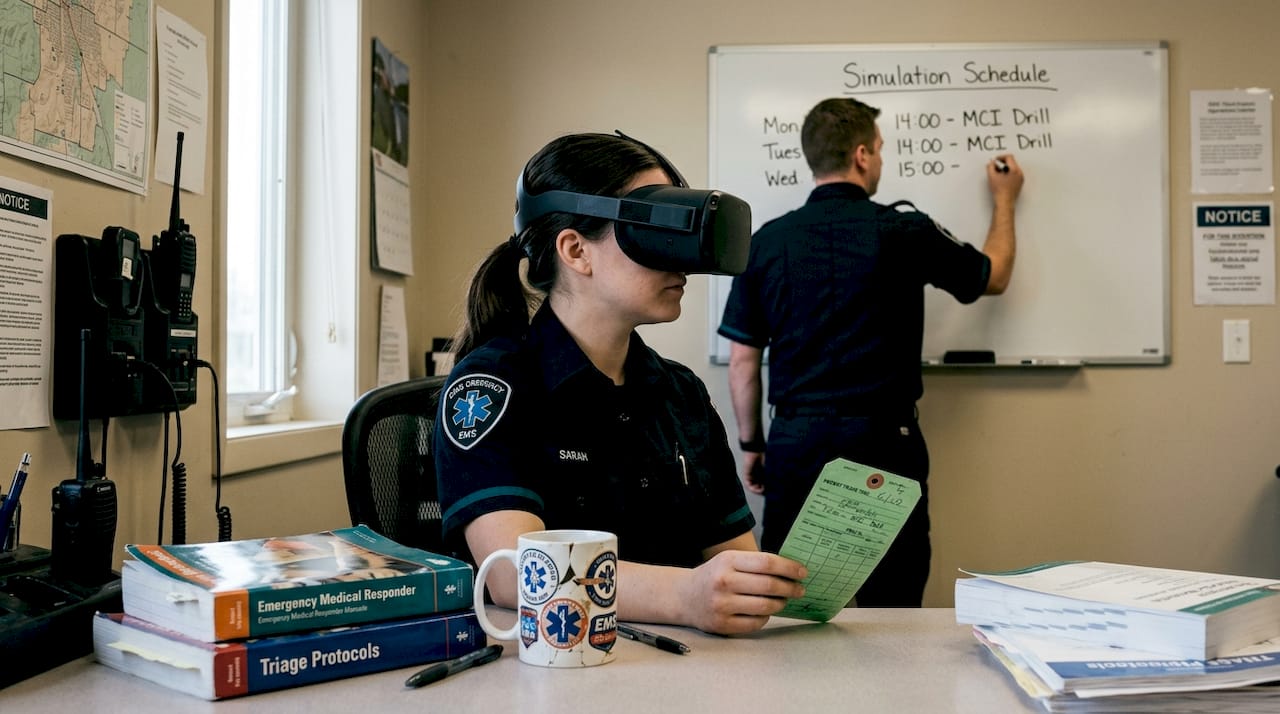 EMS trainee practices with VR headset and triage tags