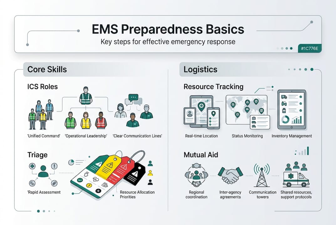 Infographic illustrating EMS preparedness core skills and logistics