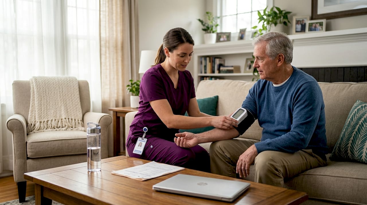 Home nurse preparing remote health monitor