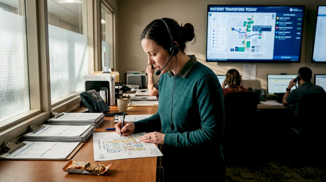 Hospital logistics coordinator managing patient movement
