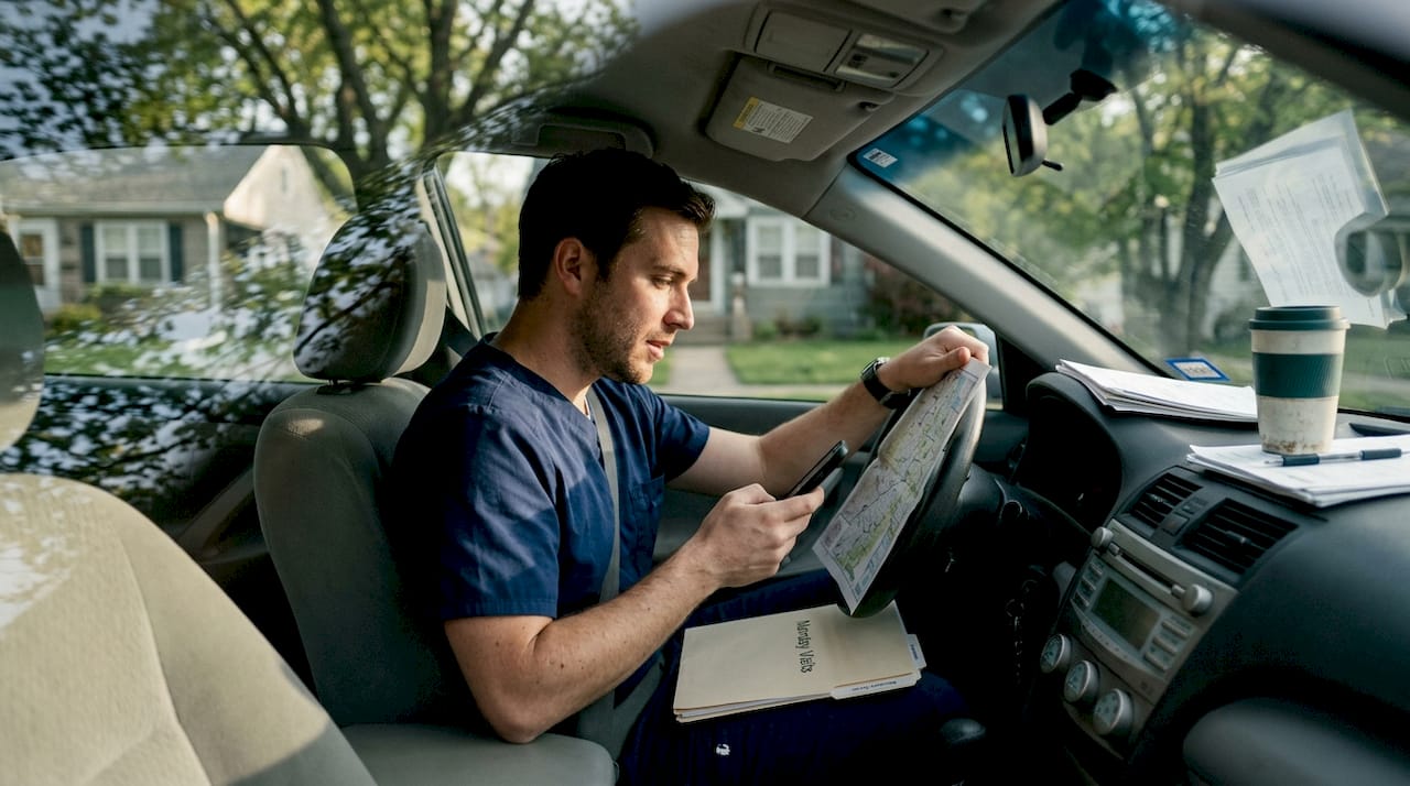 Home health nurse reviewing optimized visit route