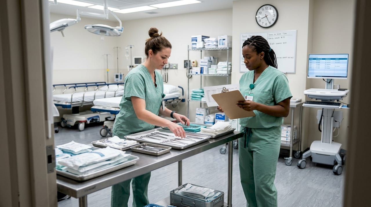 Operating room staff preparing for surgery workflow