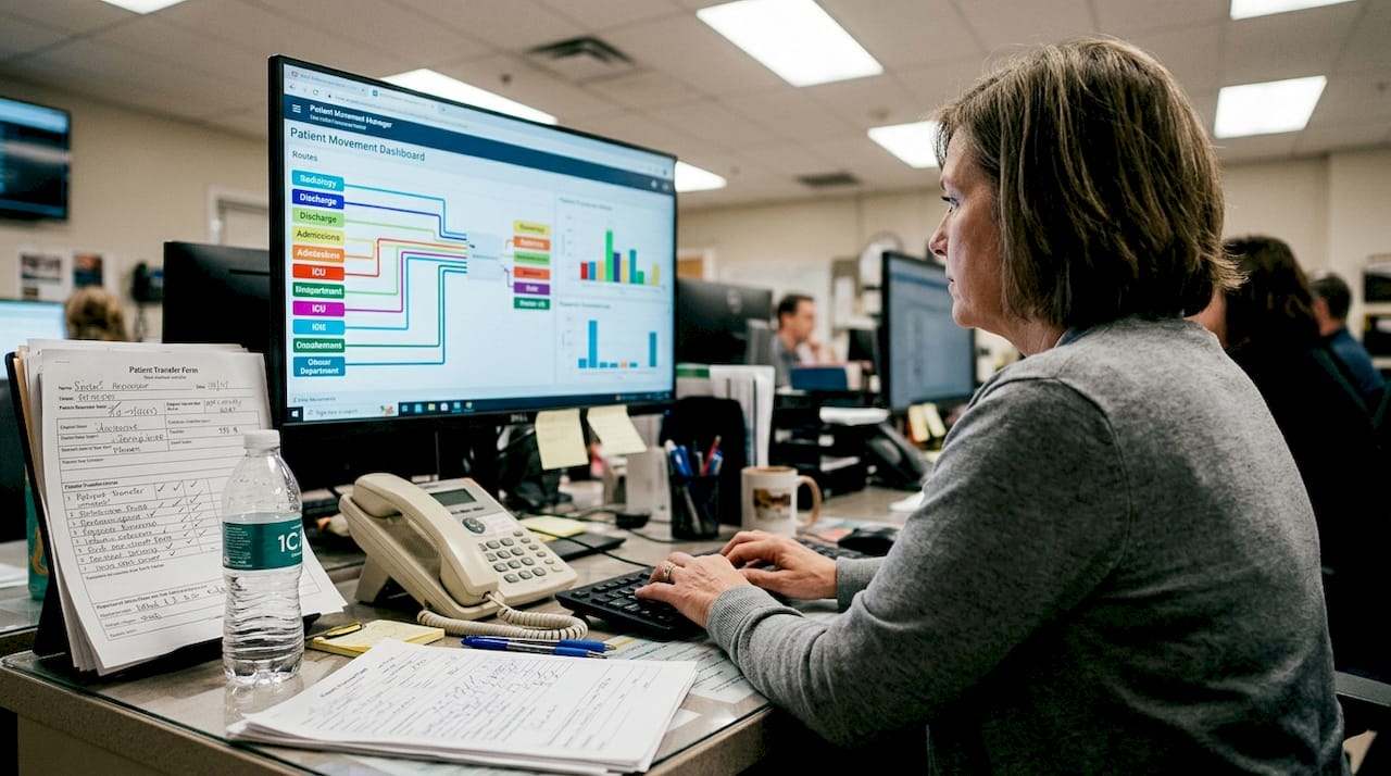 Manager reviewing hospital logistics dashboard