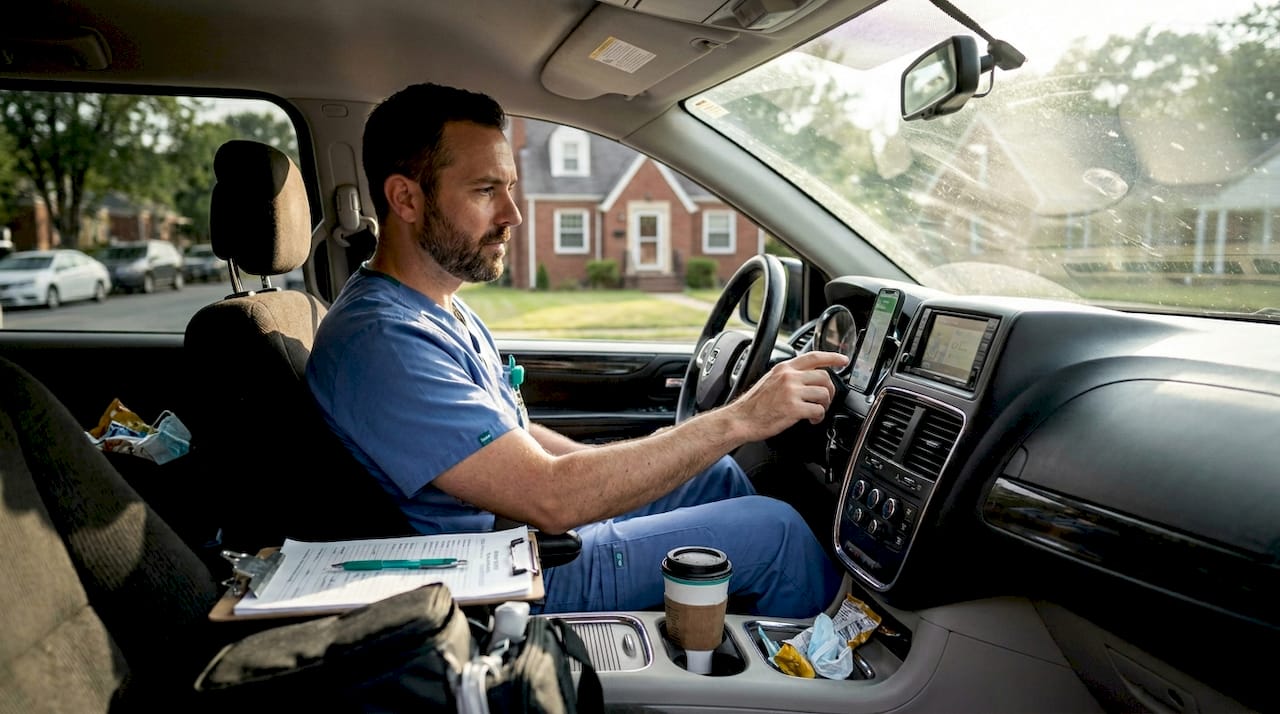 Nurse planning route before patient home visit