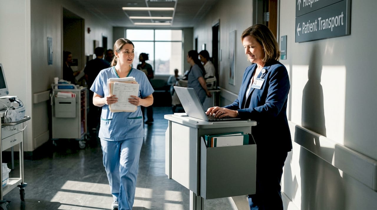 Coordinator updating discharge next to hospital hallway