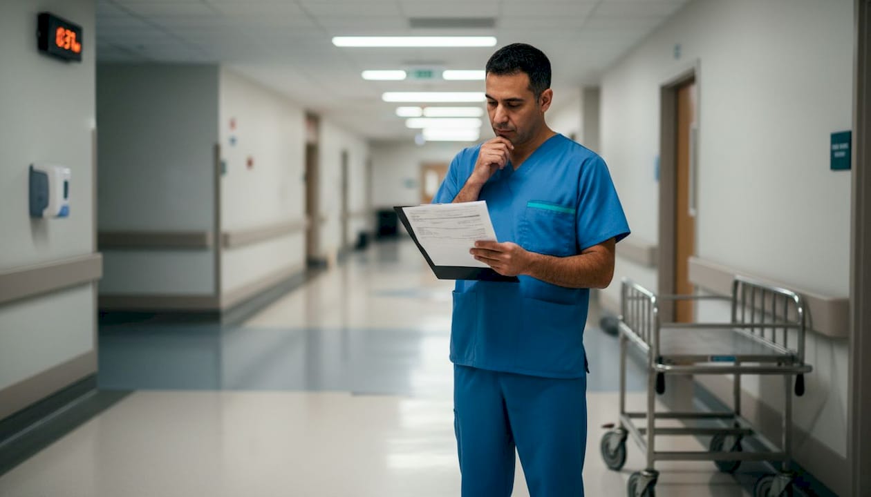 Orderly reviewing patient transport orders in hallway