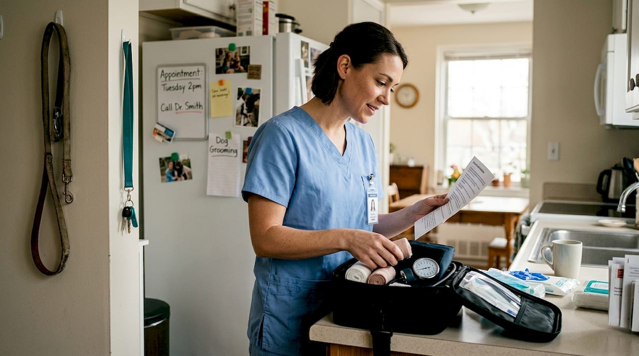 Nurse prepping medical bag for home visit