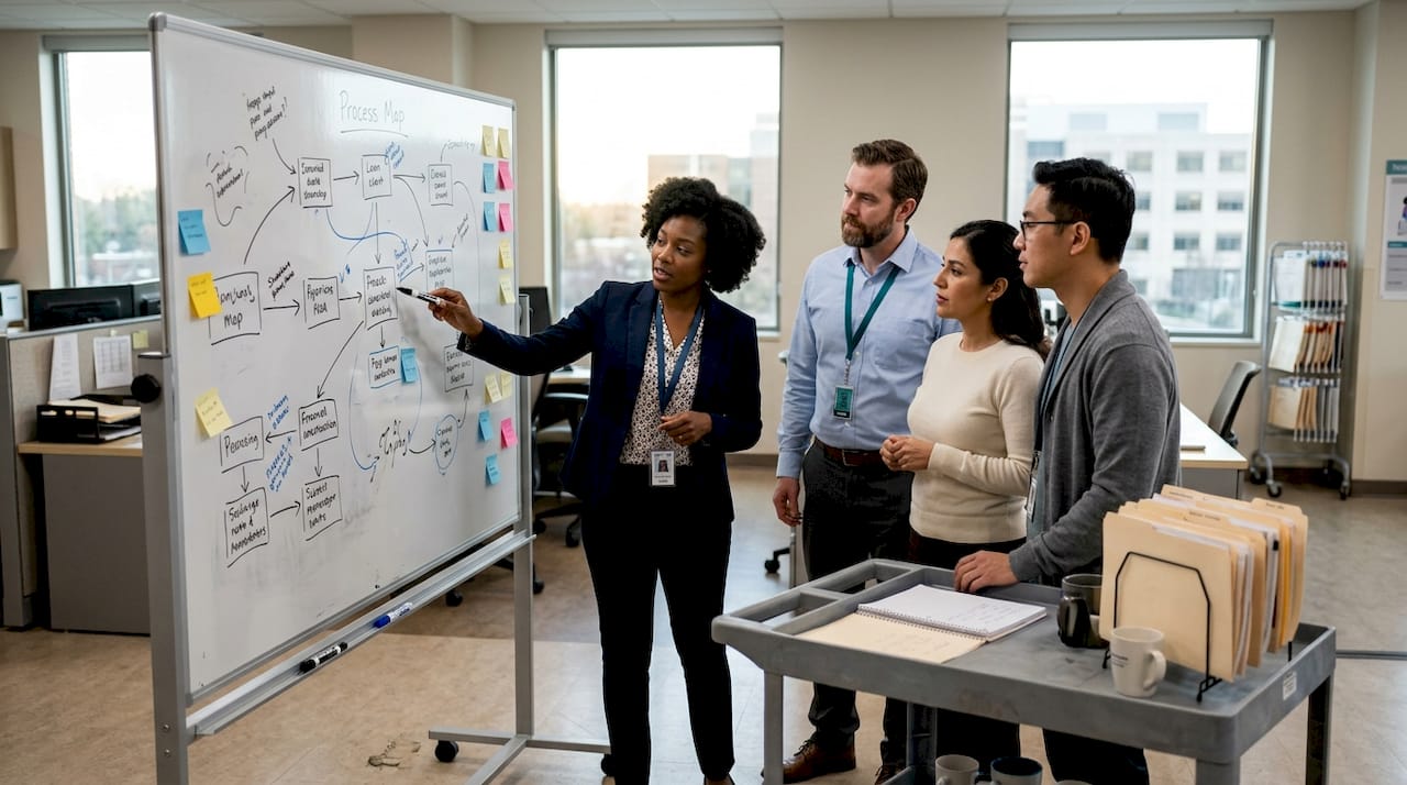 Healthcare team mapping workflows on a whiteboard